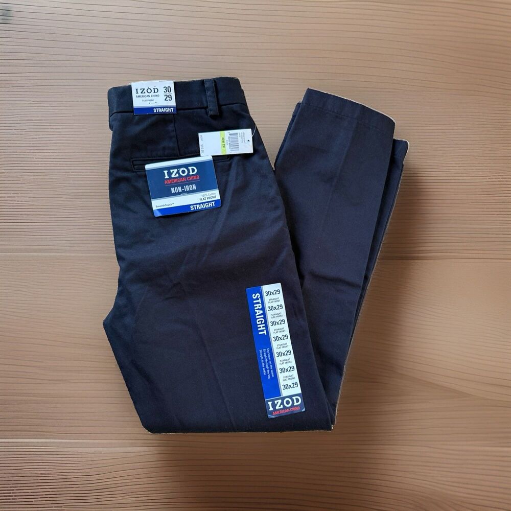 🔥IZOD American Chino Mens 30x29 black Straight Flat Front Non-Iron Pants NEW